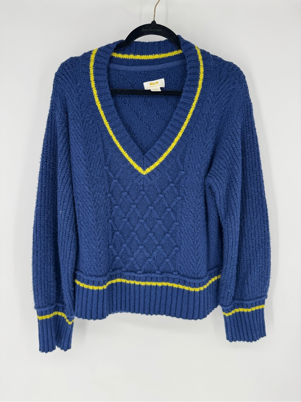Anthropologie Blue V-Neck Cable Knit Sweater with Yellow Trim